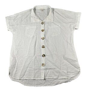 John Mark Womens M White Crinkle Cap Sleeve Button Front Lightweight Shirt Top
